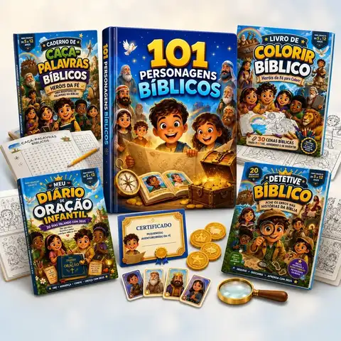Kit completo A Grande Caça ao Tesouro da Bíblia — 5 livros, figurinhas, certificado e medalhas