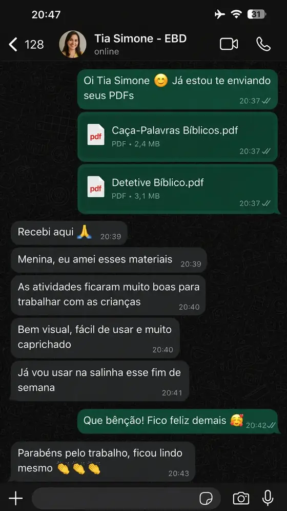 Depoimento de Tia Simone no WhatsApp